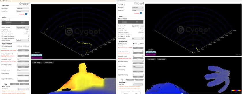 CygLiDAR 뷰어의 2D 스캔과 3D 포인트클라우드